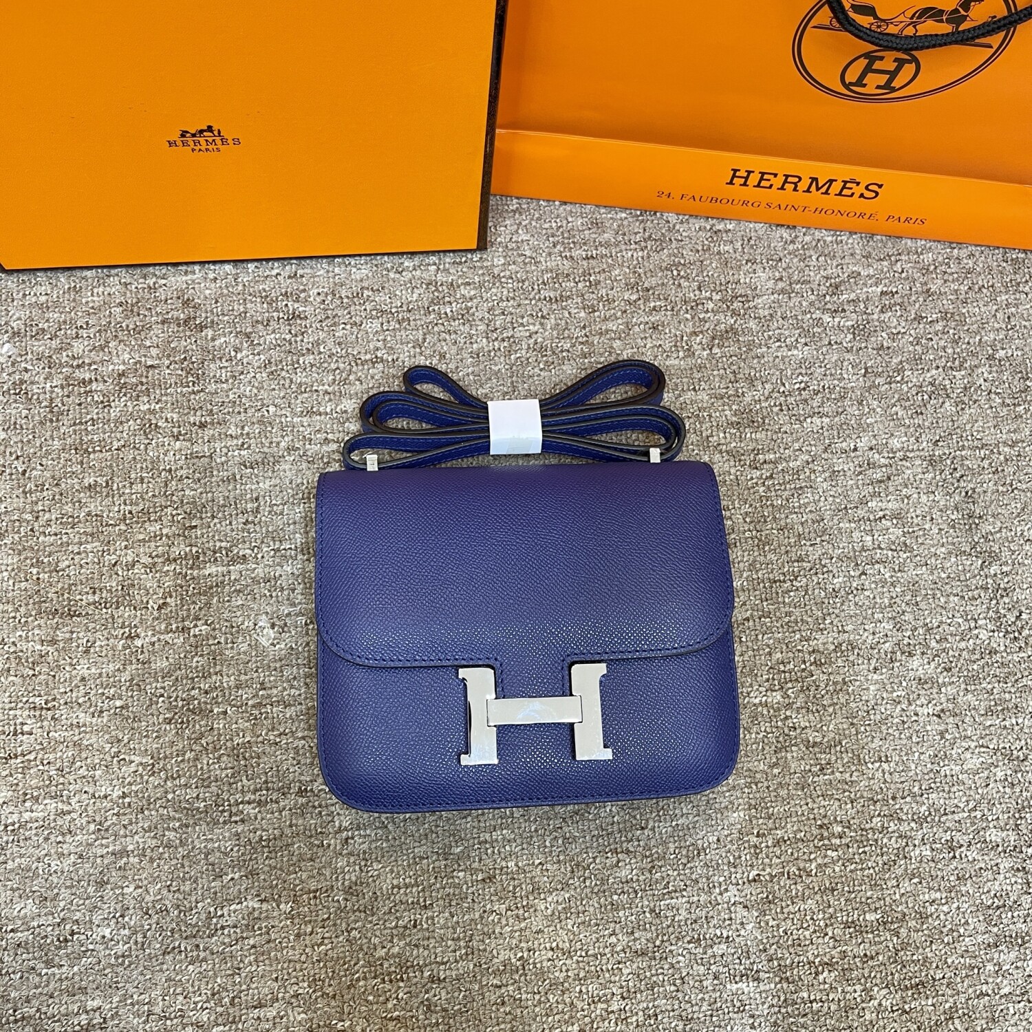 Hermes Constance 19 Navy Blue Yellow Chain