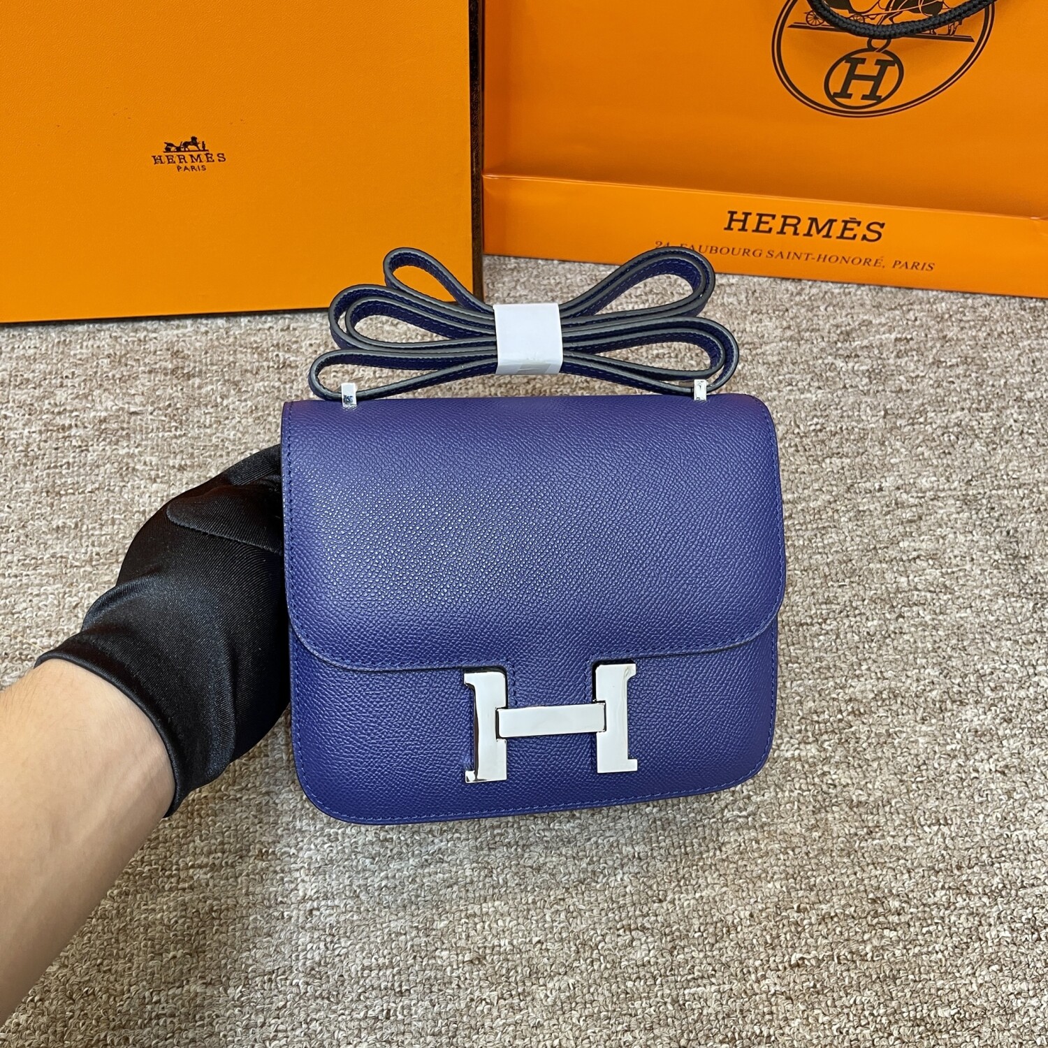 Hermes Constance 19 Navy Blue Yellow Chain
