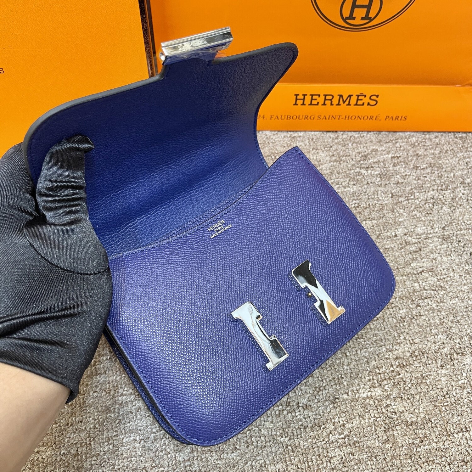 Hermes Constance 19 Navy Blue Yellow Chain