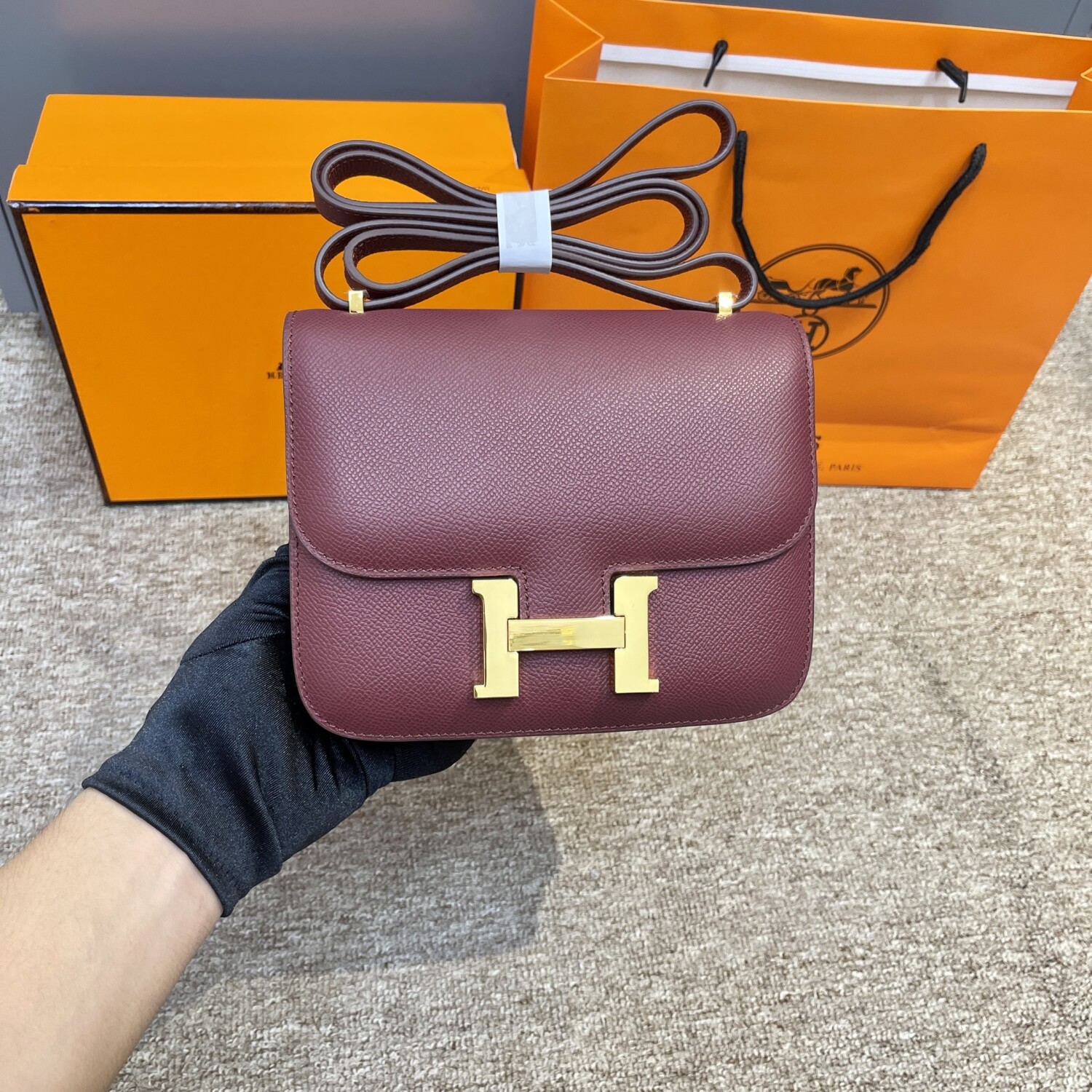 Hermes Constance Ruby Red 19 Yellow Chain
