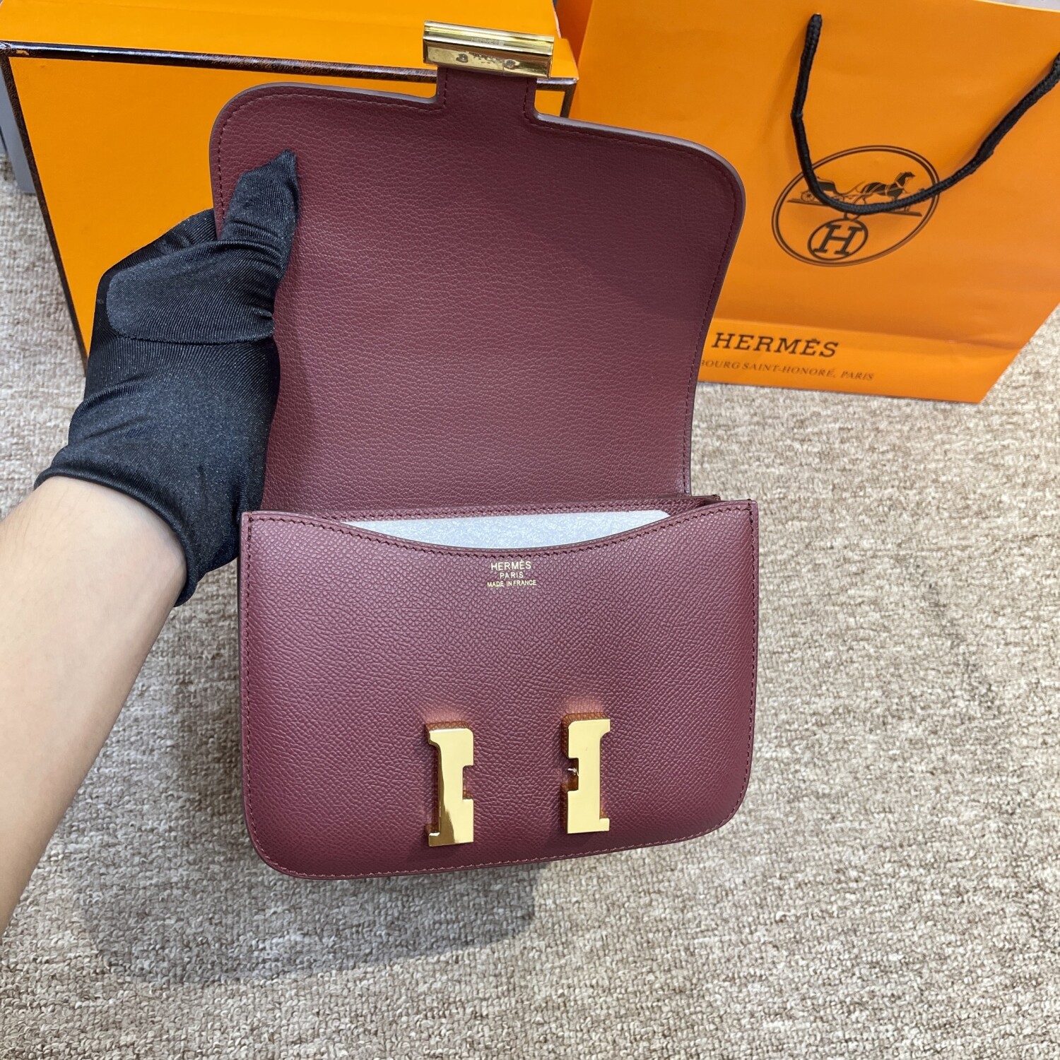 Hermes Constance Ruby Red 19 Yellow Chain