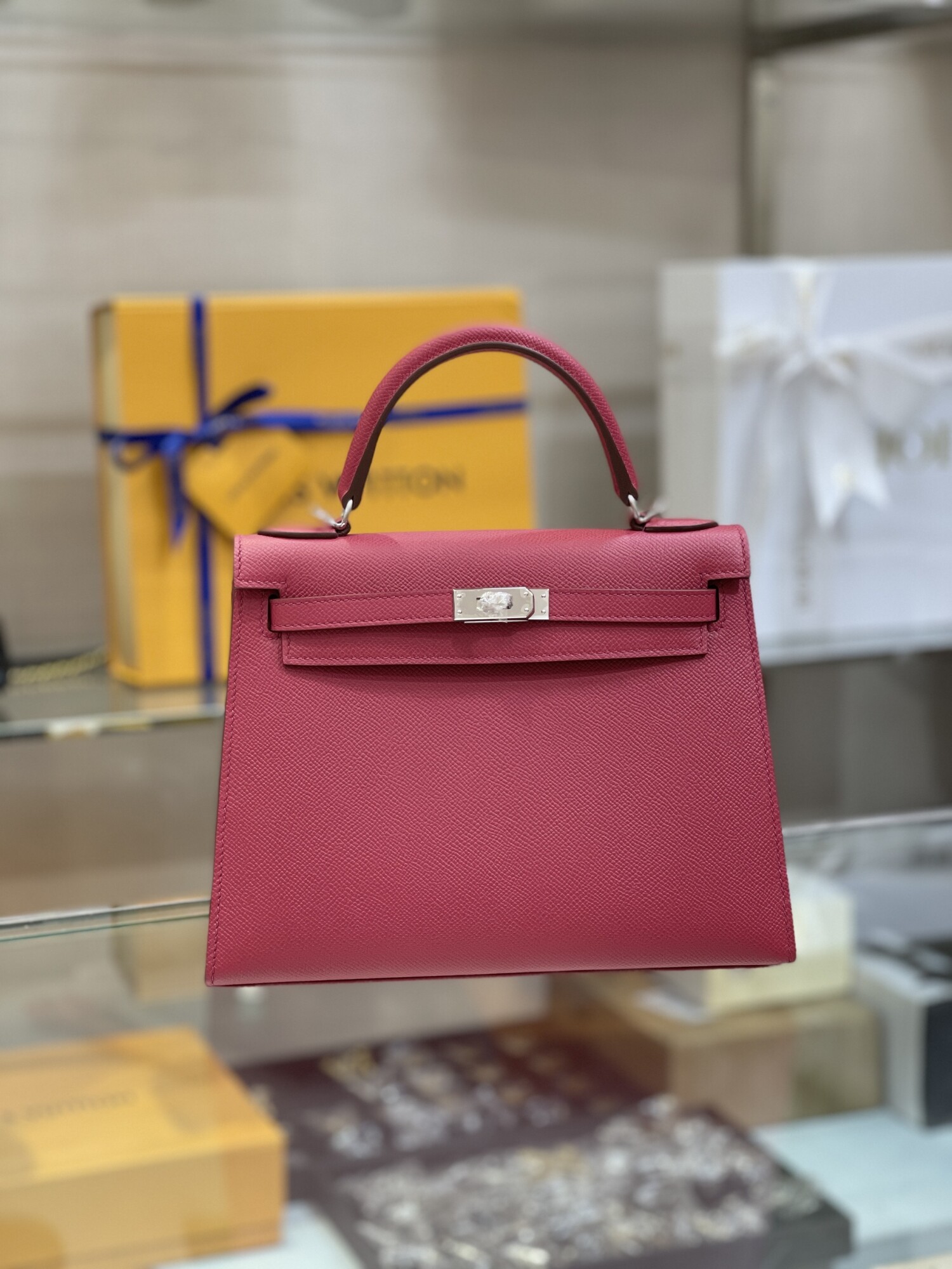 Hermes Kelly Dark Red 25 Sliver Chain