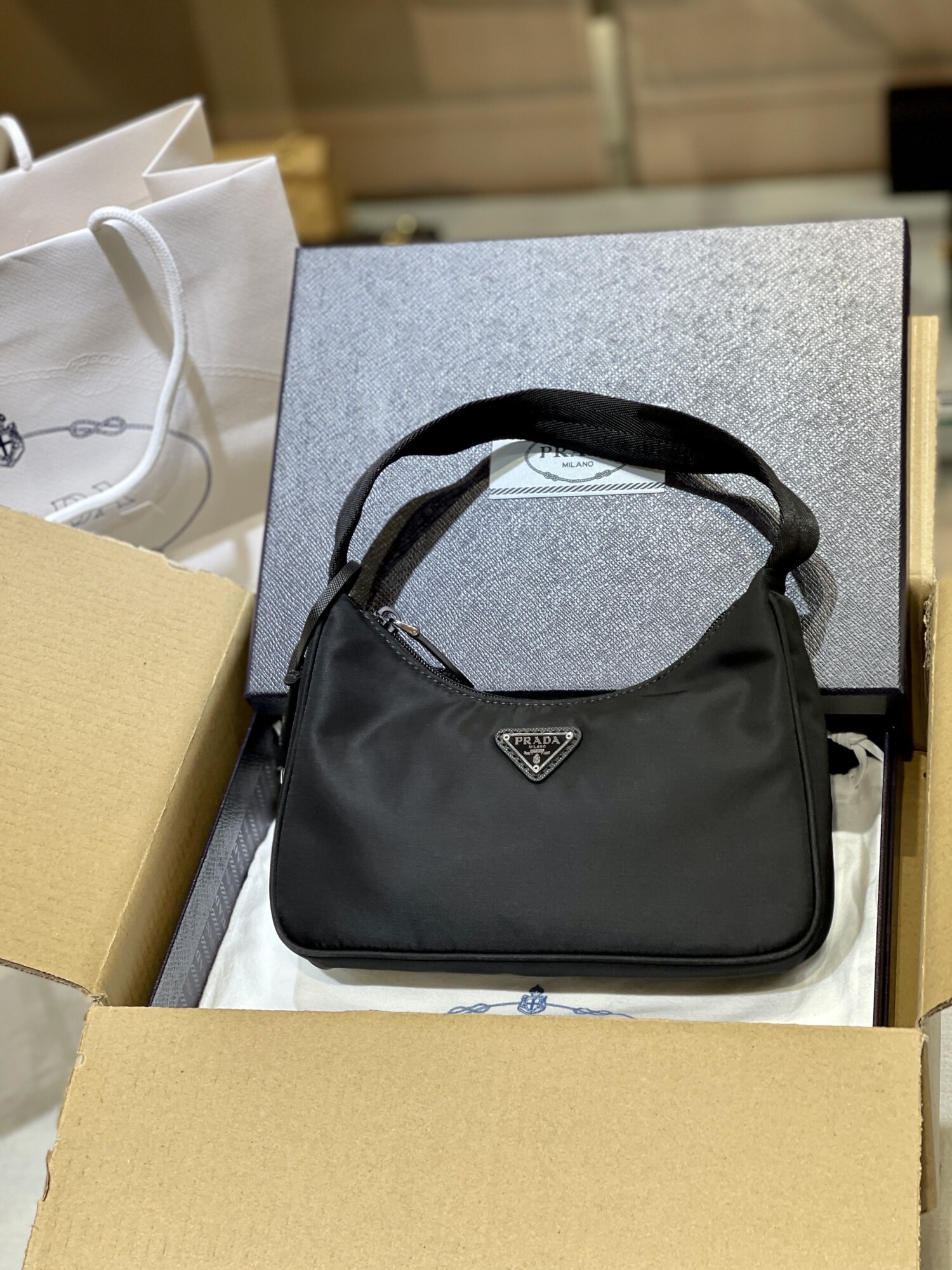 Mini Prada Pochette Bag Black Canvas