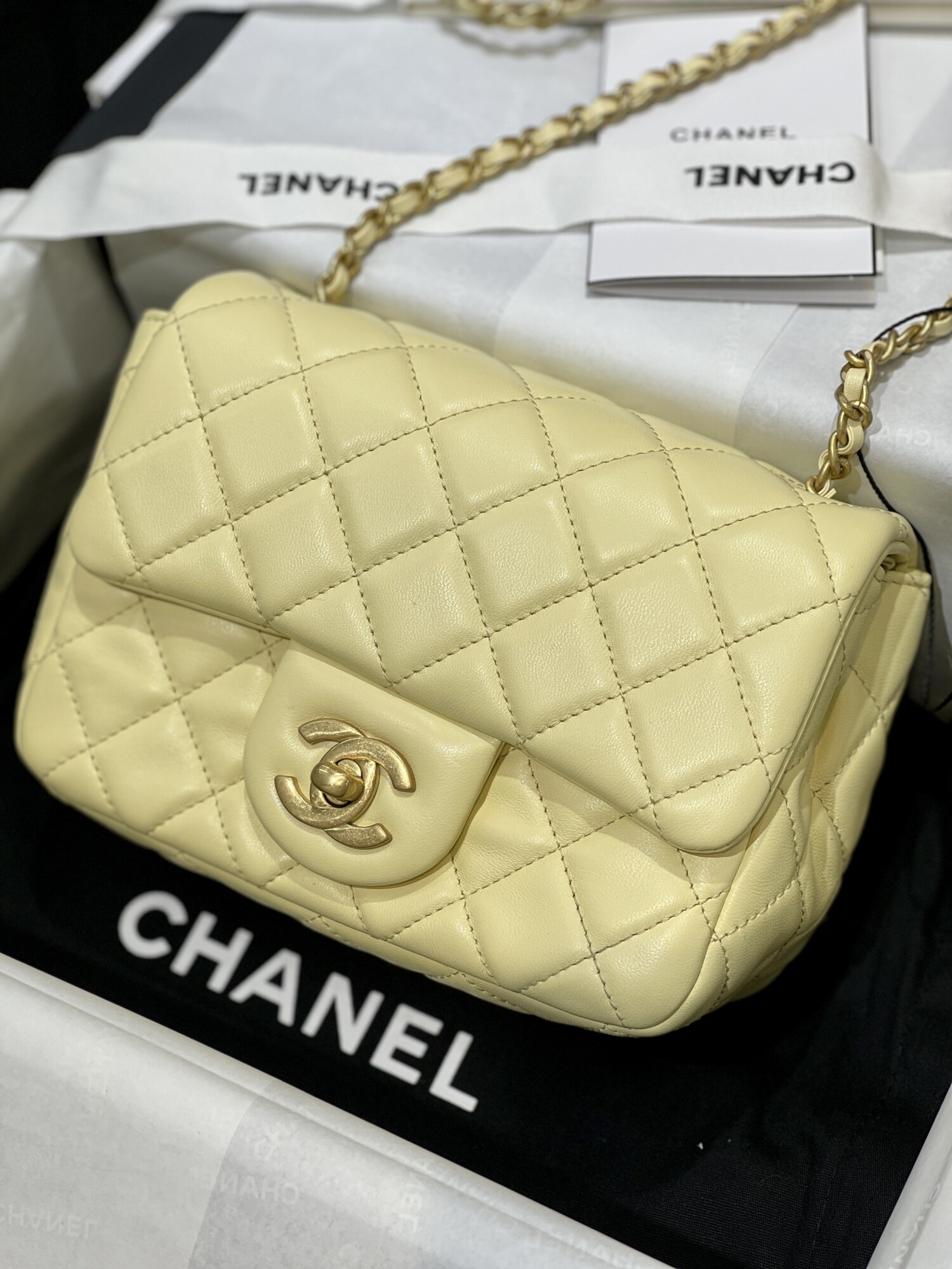 Chanel Classic Flat 18 With Ball Chain Yellow Lambskin