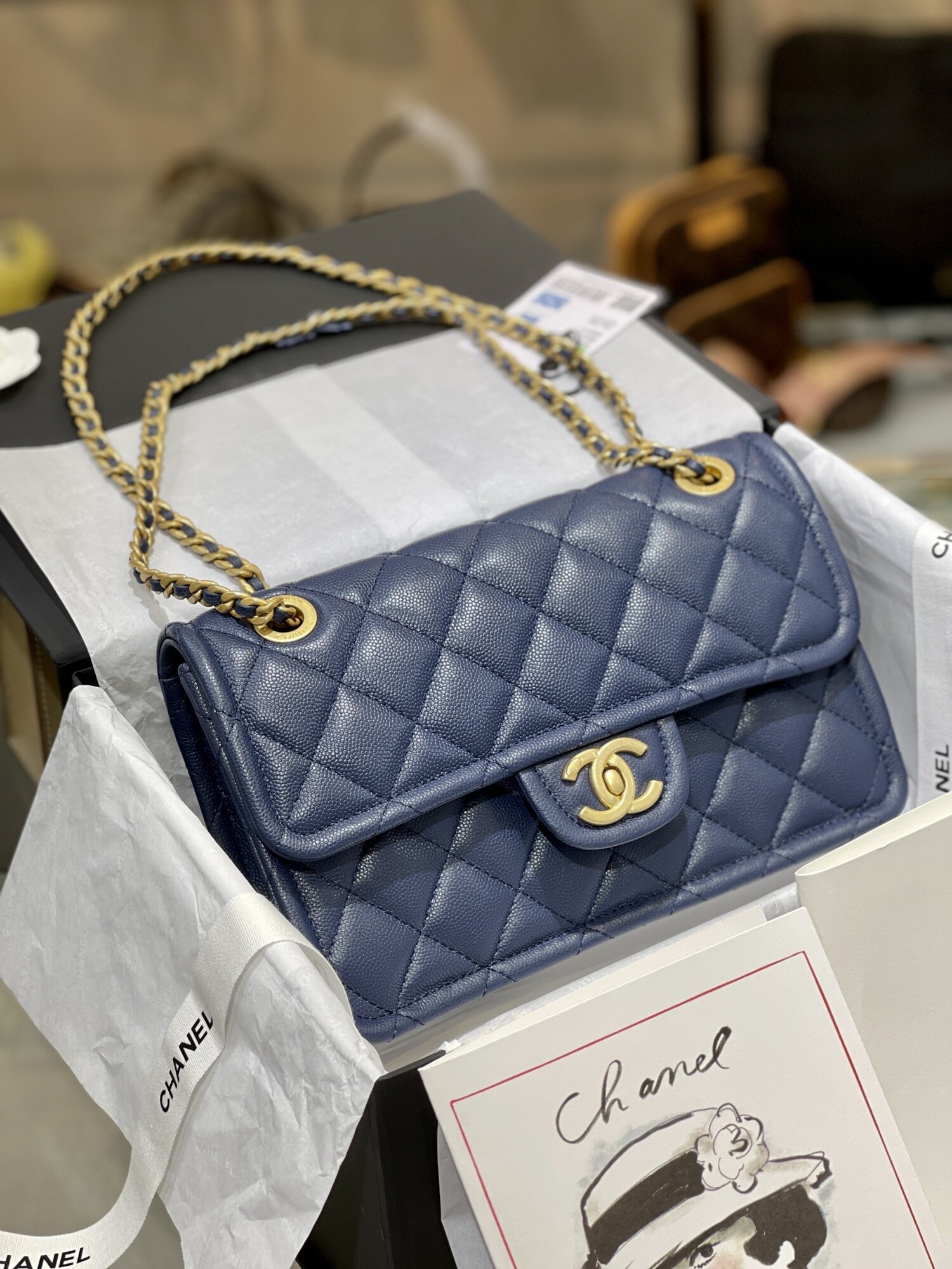 Chanel Classic Flat 25 Caviar Ocean Blue Yellow Chain
