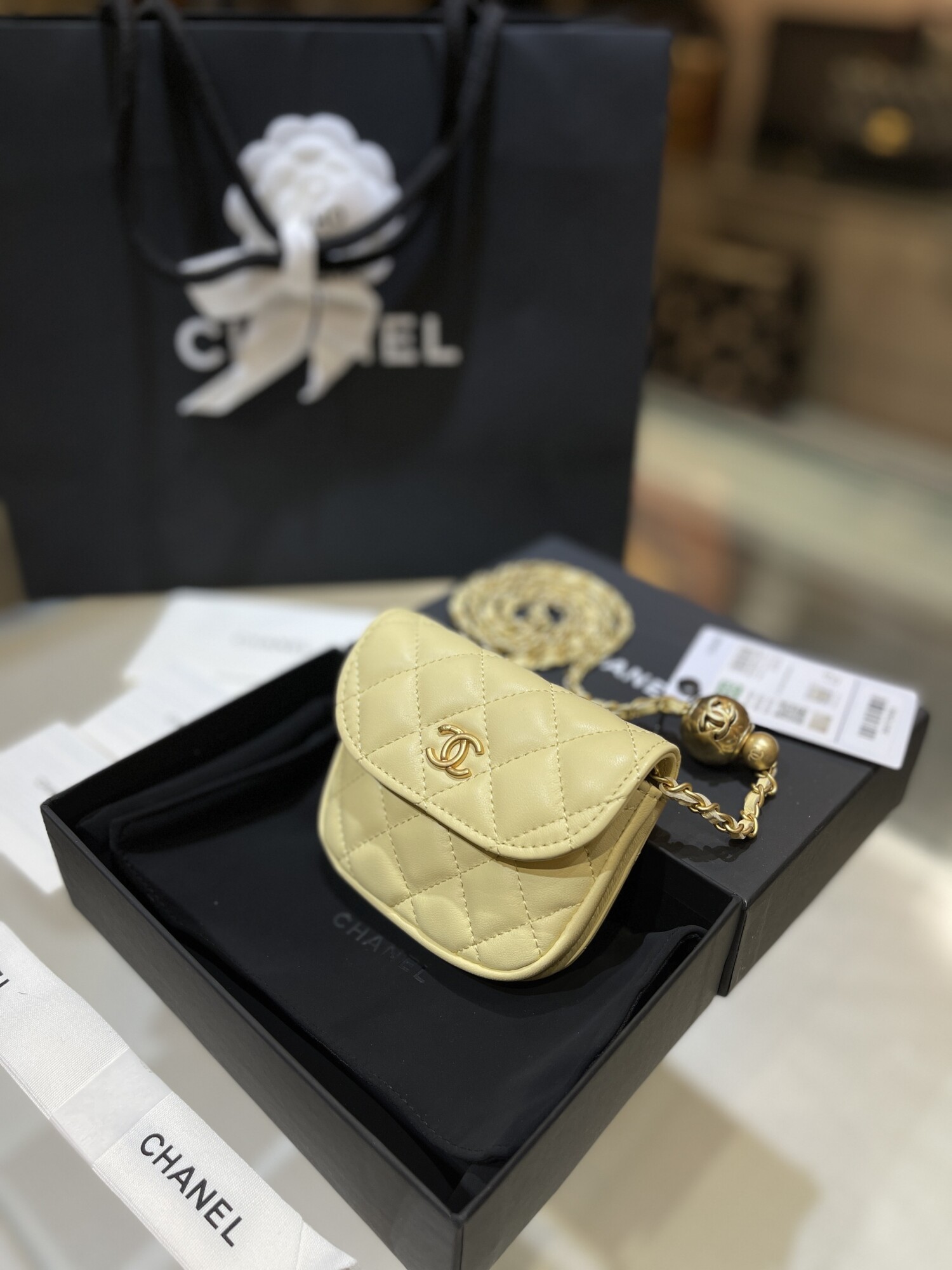 Chanel Mini Bag With Ball Chain Lightly Yellow