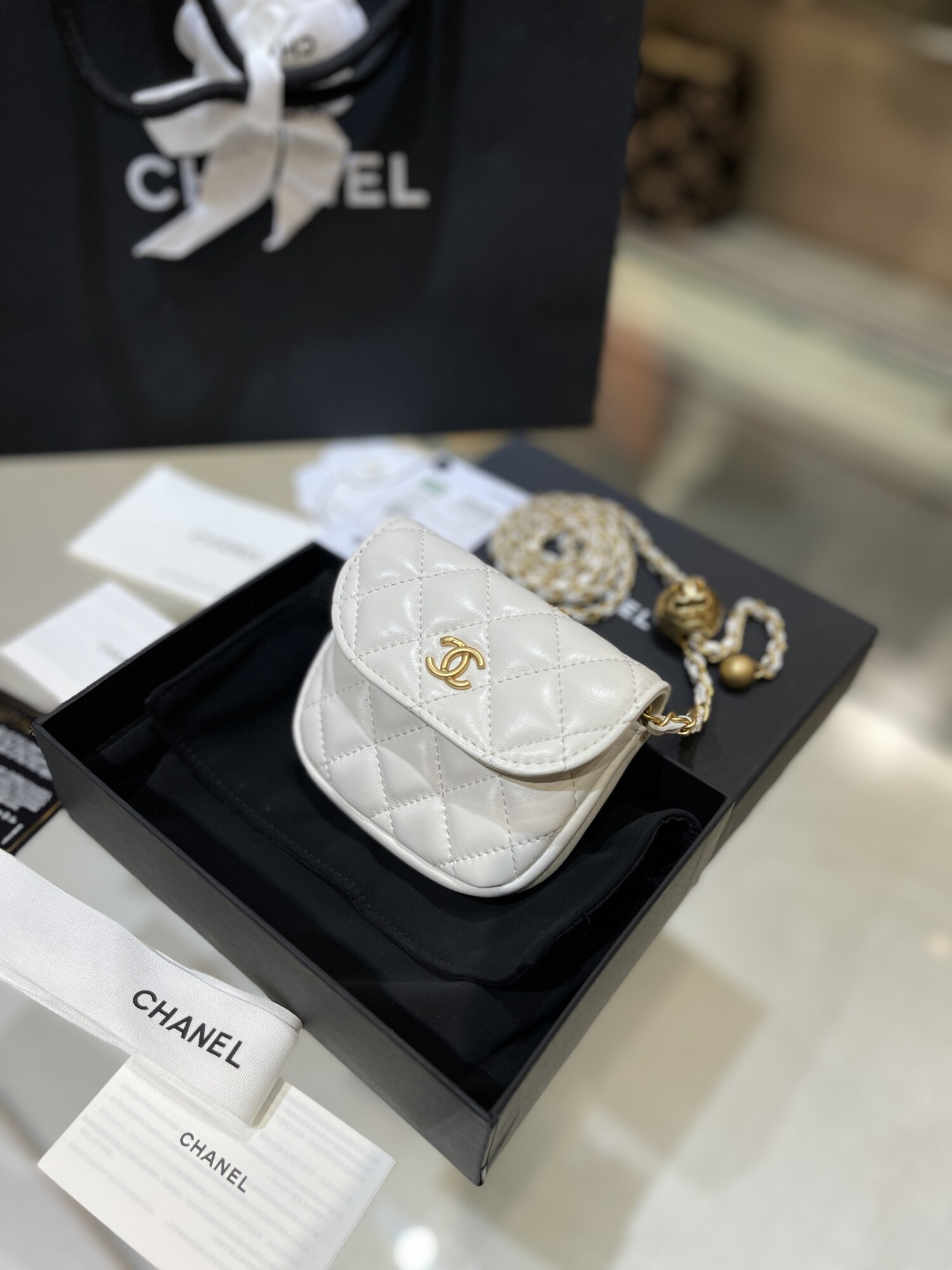 Mini Chanel Bag With Ball Chain White Pearl