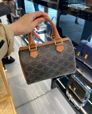 Celine Small Boston In Triomphe Canvas And Calfskin Tan