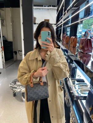 Celine Small Boston In Triomphe Canvas And Calfskin Tan