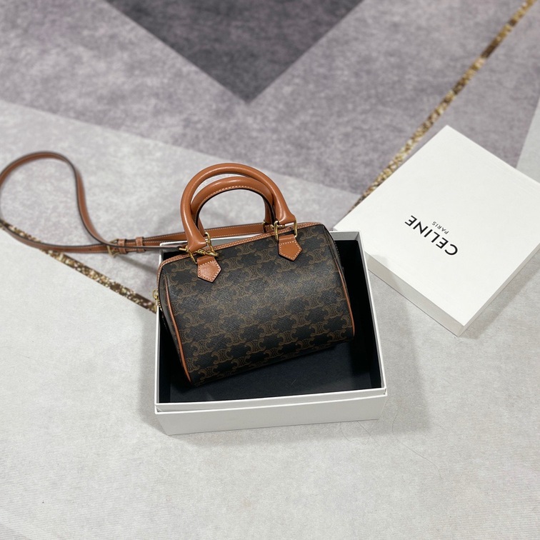 Celine Small Boston In Triomphe Canvas And Calfskin Tan