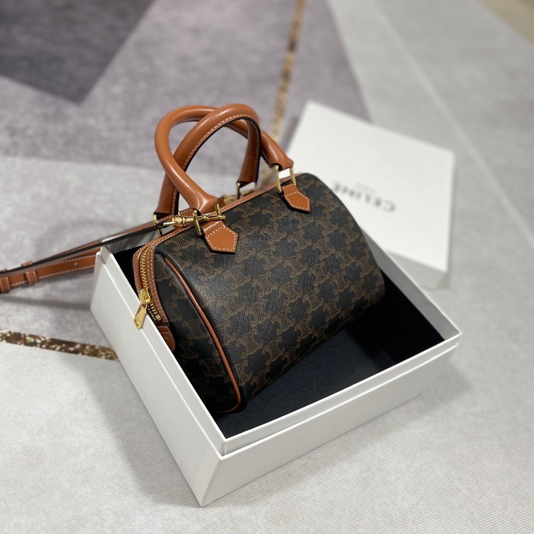 Celine Small Boston In Triomphe Canvas And Calfskin Tan