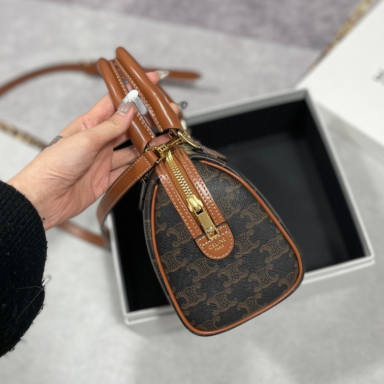 Celine Small Boston In Triomphe Canvas And Calfskin Tan