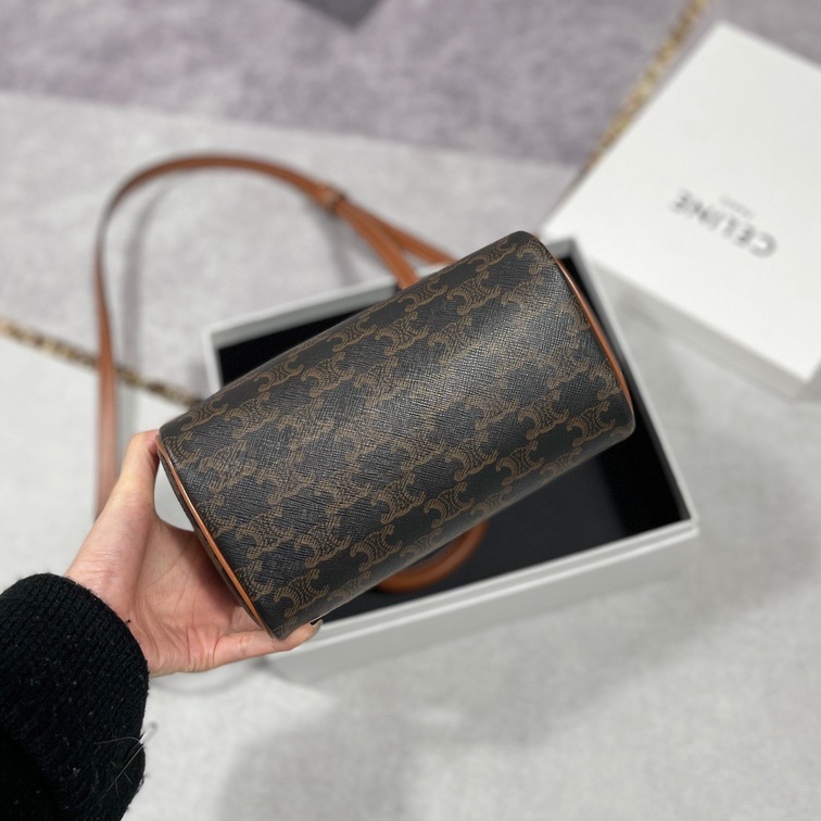 Celine Small Boston In Triomphe Canvas And Calfskin Tan
