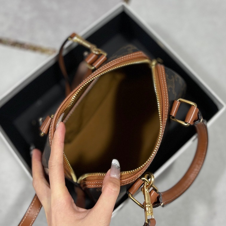 Celine Small Boston In Triomphe Canvas And Calfskin Tan