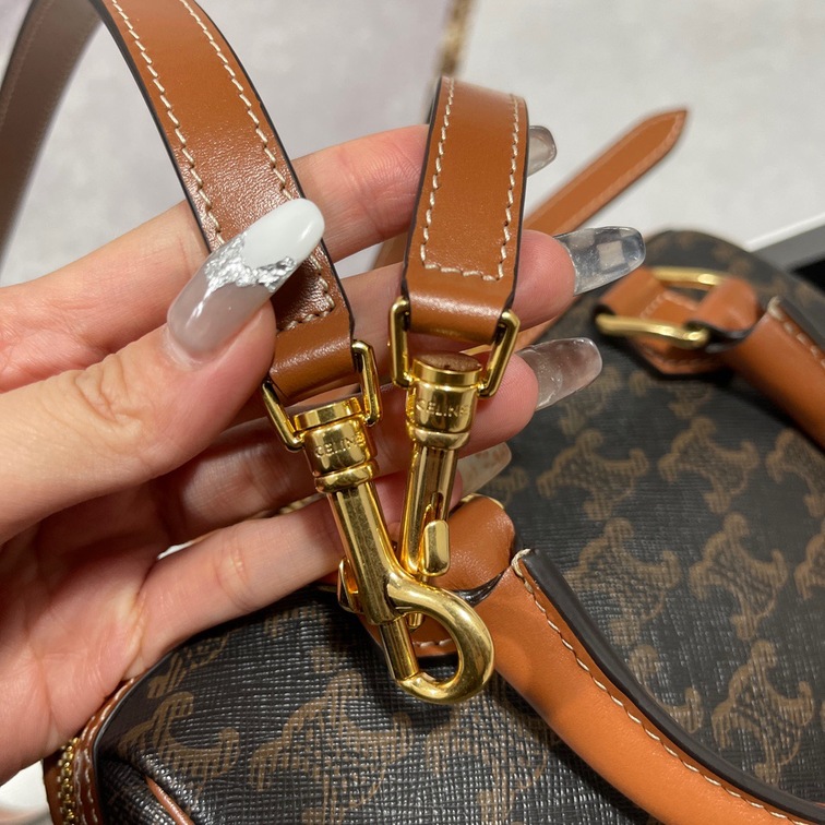 Celine Small Boston In Triomphe Canvas And Calfskin Tan