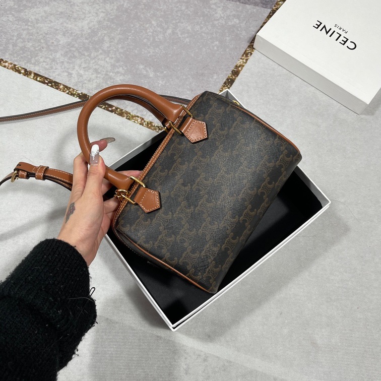 Celine Small Boston In Triomphe Canvas And Calfskin Tan